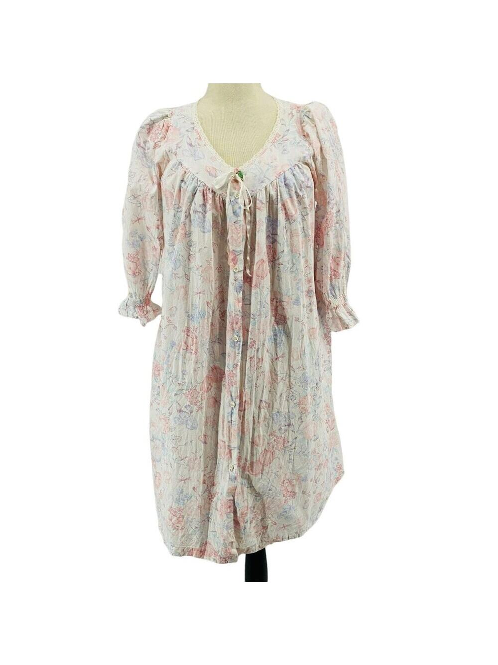 Vintage Lands End House Coat Floral Button Front Robe Lightweight Size Medium